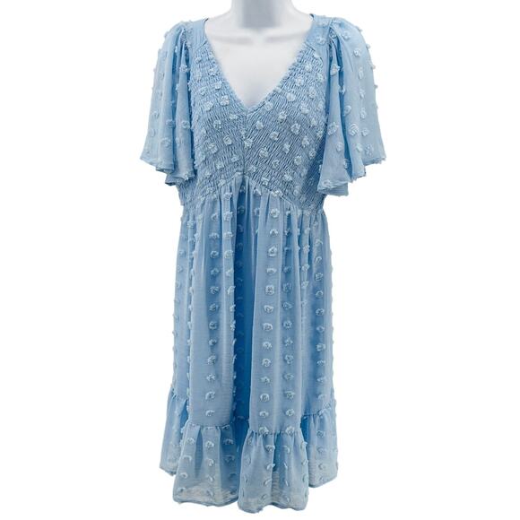 Jodifl Mini Dress M Baby Blue Smocked Swiss Dot Ruffle Hem Lined Flutter Sleeve - Picture 1 of 9
